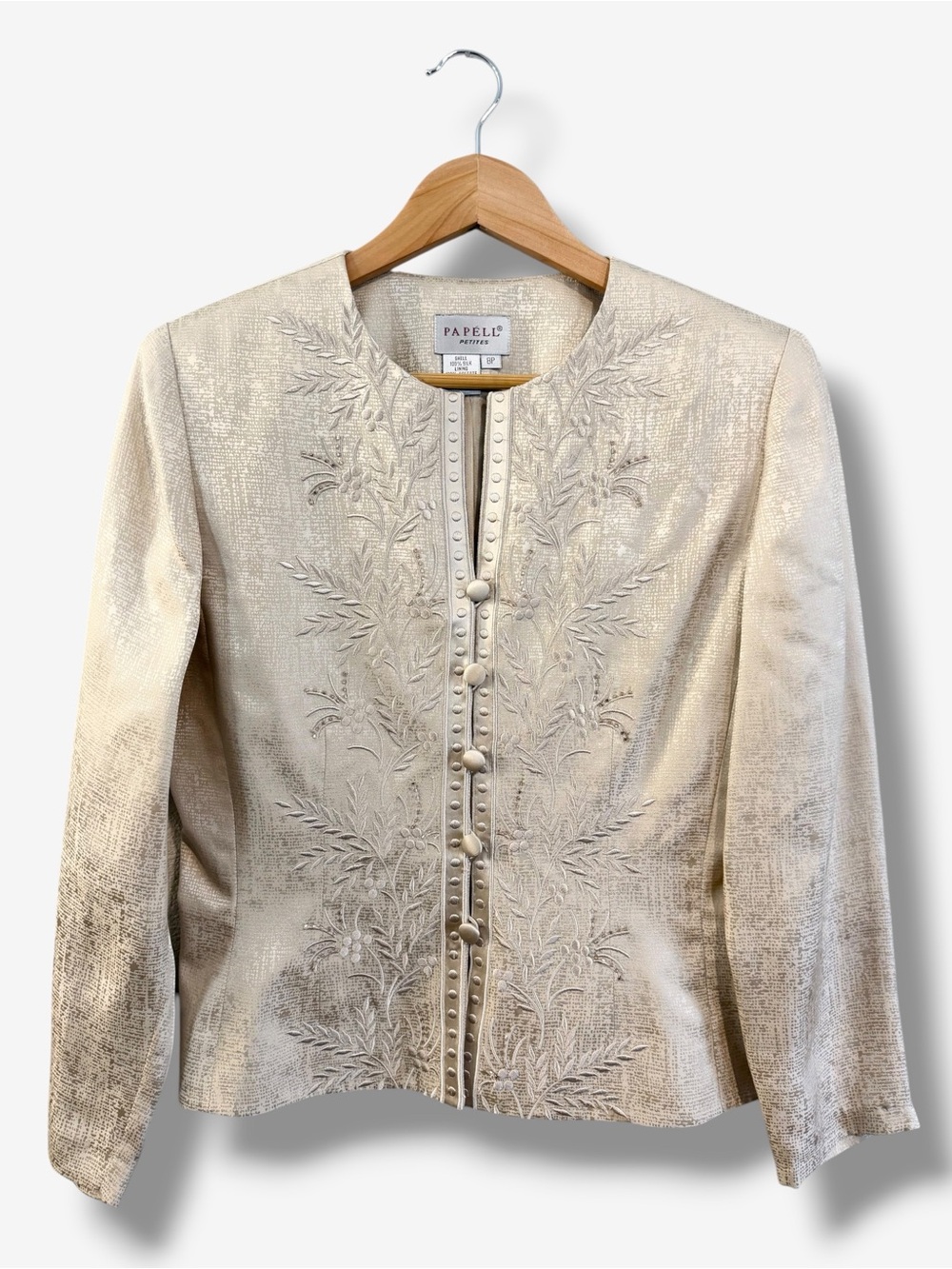 Vintage Papell Petites Silk Embroidered Evening Jacket Size 8P Champagne